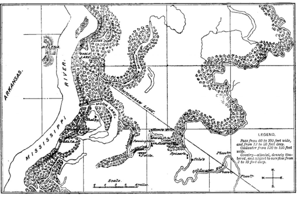 Map of Moon Lake from the Civil War, showing the position and oxbow shape of the lake